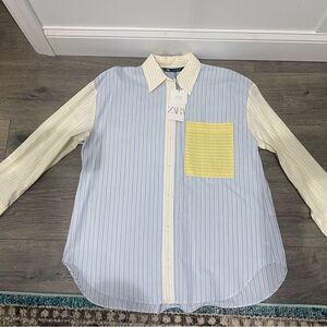 Zara Women’s Oversized Striped Blue and Yellow Shirt
